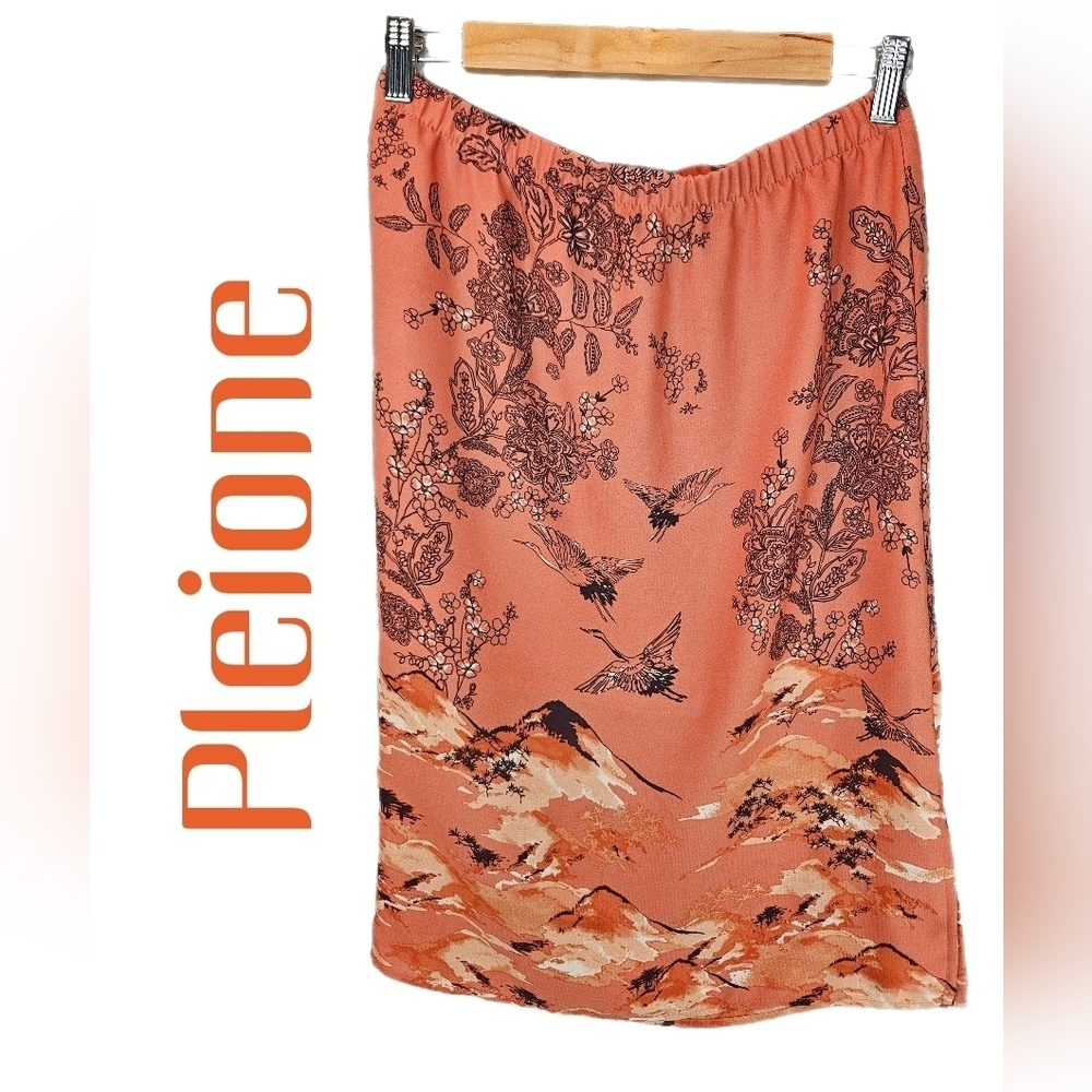 Pleione Women Crane Floral Mountains Pull On Skirt Sz S Elastic Waist Terracotta